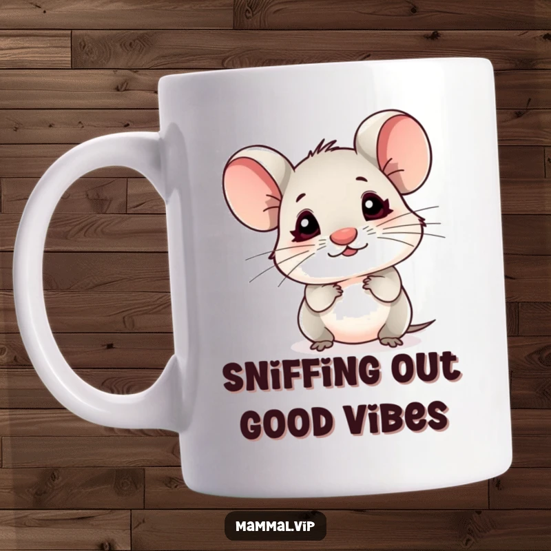 Funny Mouse Mug: A small mouse character with a tiny nose curiously sniffing the air, adorable and inquisitive.
