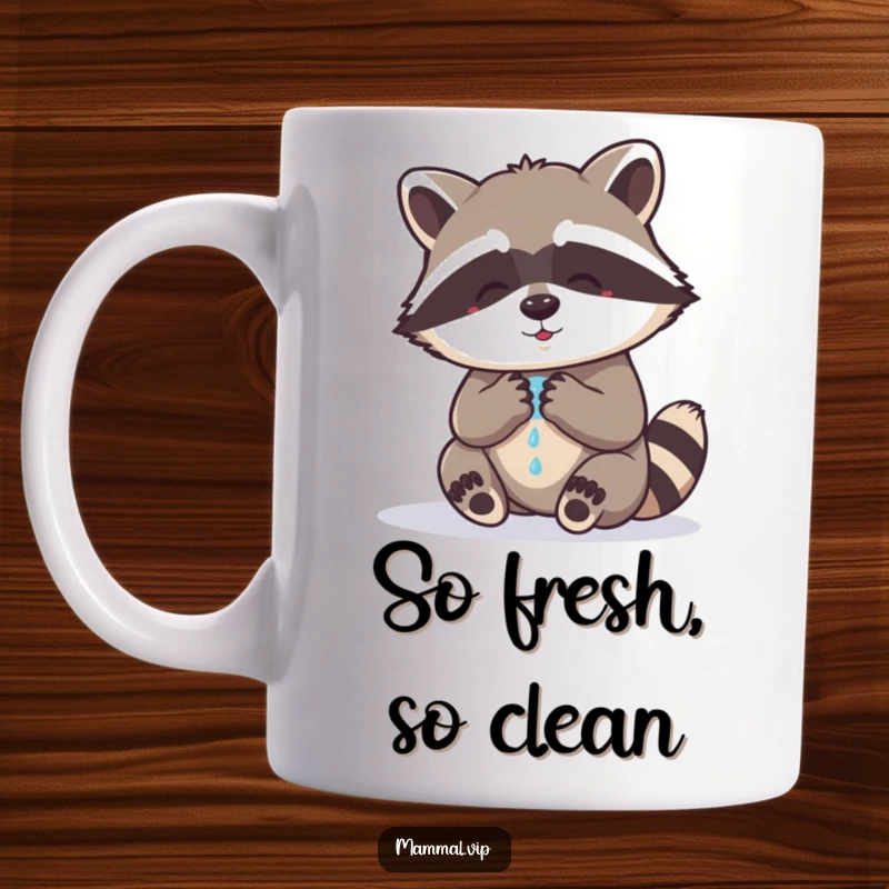 Funny raccoon mug showing a cute raccoon character meticulously washing its tiny paws with a determined and slightly stressed expression.