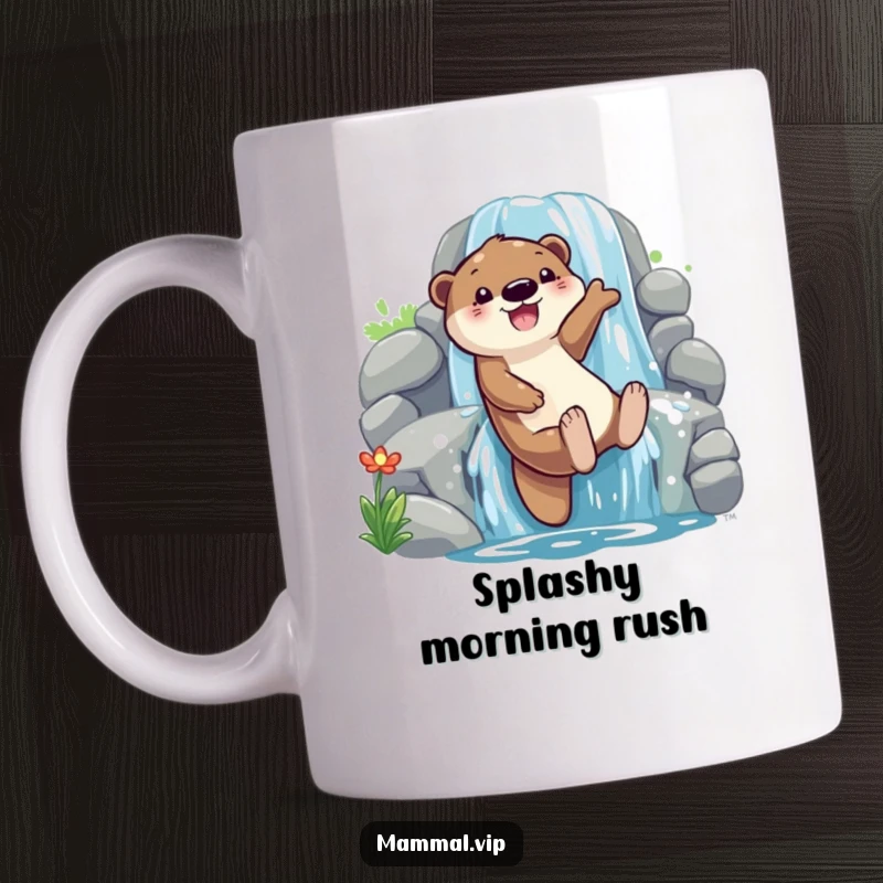 Funny otter sliding down a waterfall mug, a playful character filled with glee, perfect for fun lovers and a funny gift.