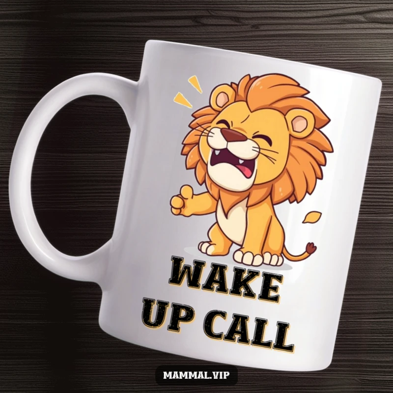 Funny Lion Mug showing a determined lion practicing a mighty roar with funny, exaggerated sound effect lines.
