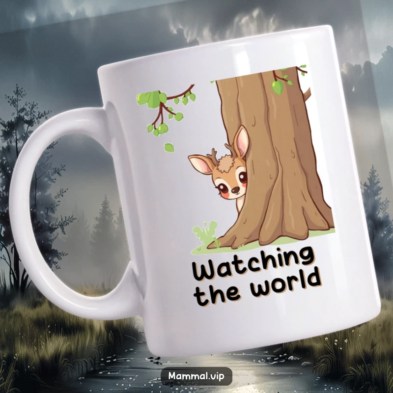 Funny deer peeking curiously from behind a large tree, a humorous nature mug.