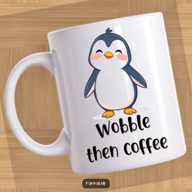 Funny mug showing a wobbly penguin character hilariously attempting to stand upright, evoking empathy and laughter.
