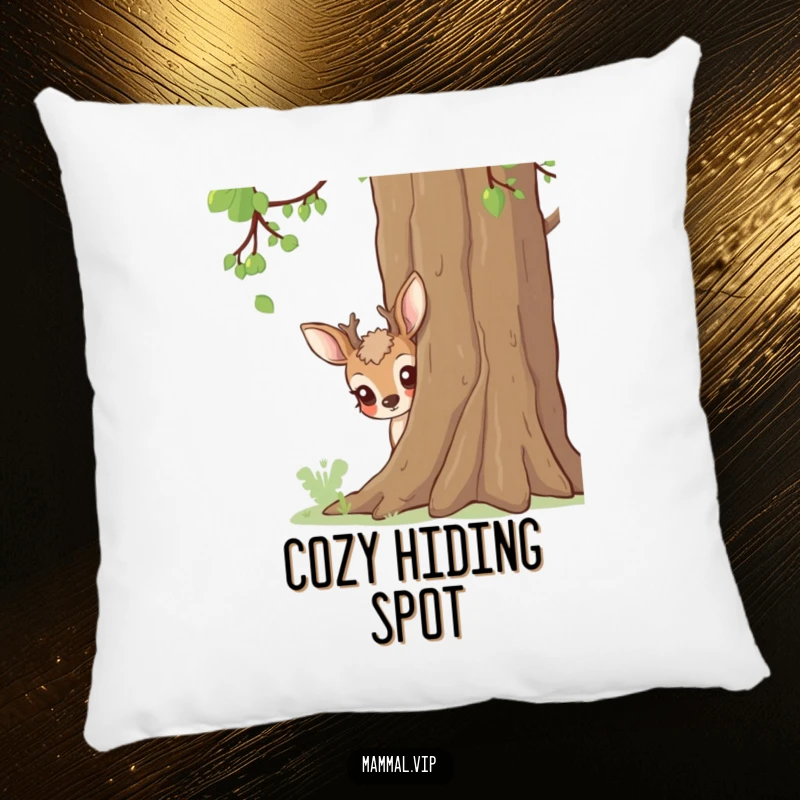Funny deer peeking from behind a tree, a humorous and cozy pillow.