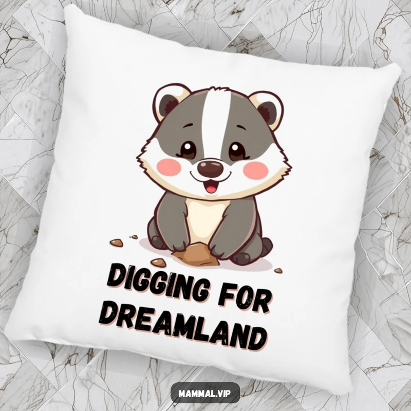 Funny Pillow with a happy badger character digging enthusiastically, offering comfort and a humorous reminder of energetic pursuits and cheerful determination.