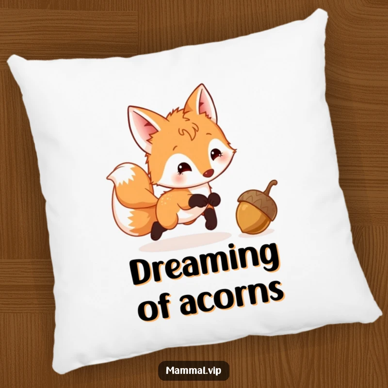 Funny Fox Cub Pillow featuring a playful cub with a wagging tail focused on a bouncing acorn, offering comfort and charm.