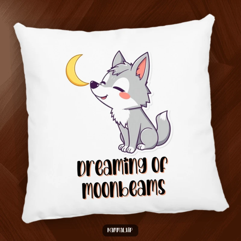 Funny Wolf Pillow: A goofy wolf character howls at a crescent moon, offering soft comfort and a humorous, whimsical touch.