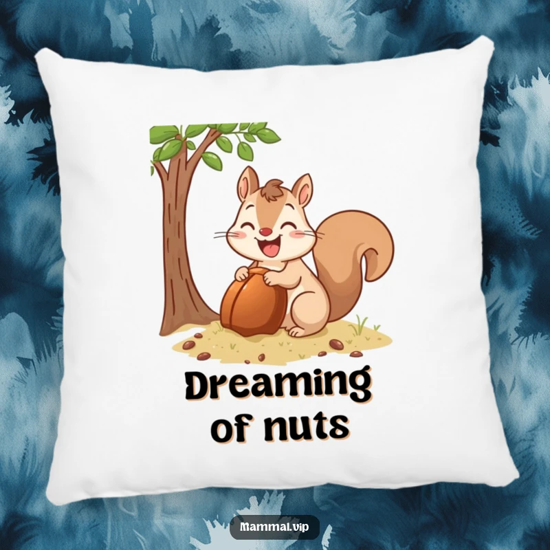 Funny Pillow depicting a happy squirrel character excitedly burying a massive acorn, bringing a cozy and humorous vibe.