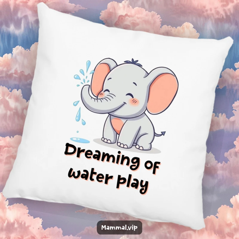 Funny Pillow with a grinning elephant character joyfully spraying water from its trunk, offering comfort and a humorous splash of playful delight.