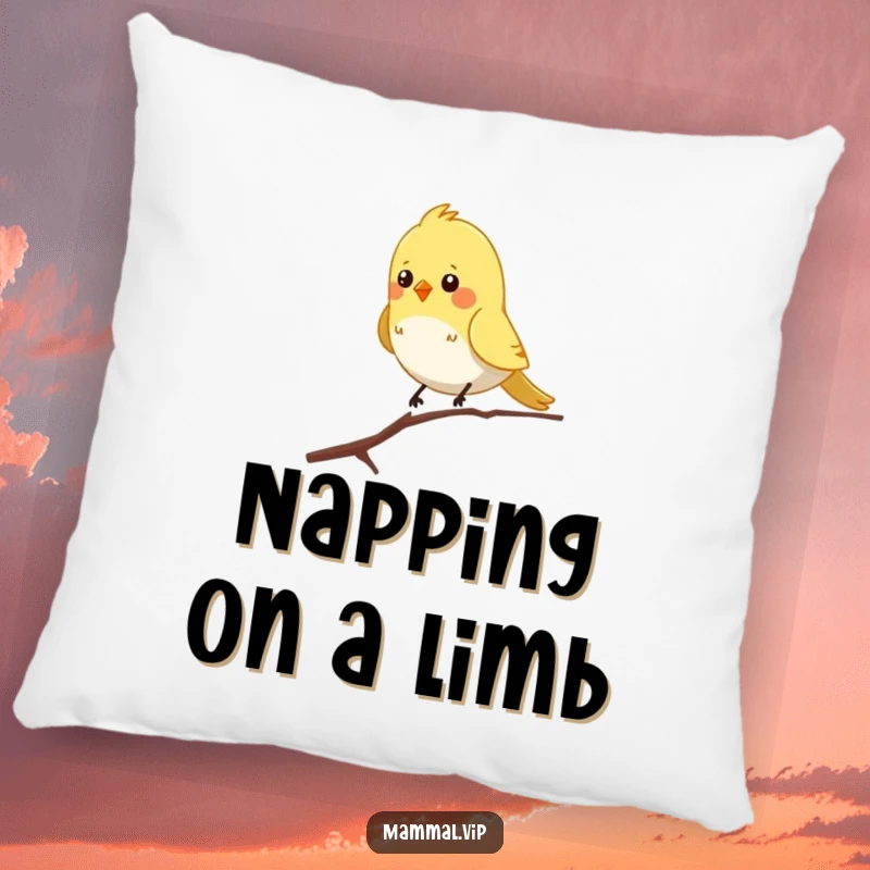 Funny pillow with a chirpy bird character balancing on a skinny branch, offering comfort and sweet, lighthearted humor.