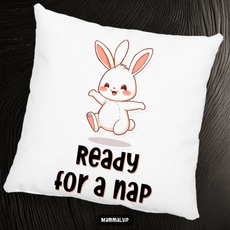 Funny Pillow showing a cheerful rabbit character energetically bouncing on its hind legs, adding a touch of playful charm.