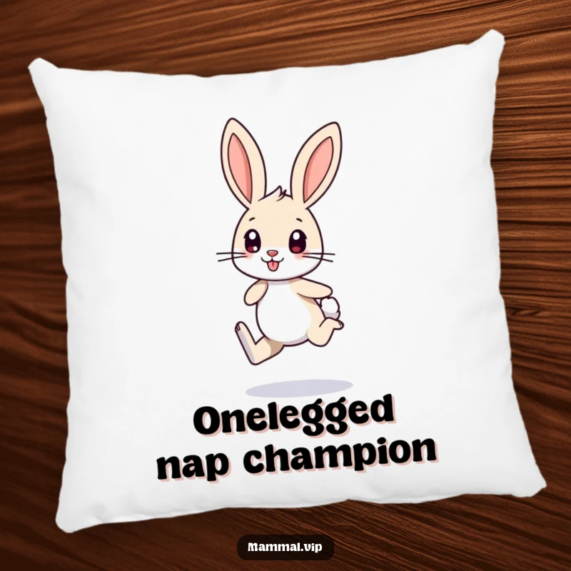 Funny pillow with a small bunny character with long ears, excitedly hopping on one leg, providing soft comfort and playful decor.