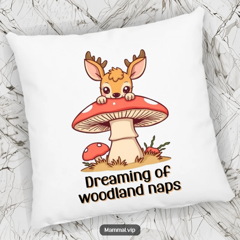 Funny deer pillow with a curious deer peeking over a stylized mushroom, a soft and funny accent for sofas.