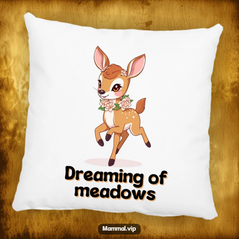Funny deer fawn with a flower garland, prancing on a soft pillow. A cozy and funny gift.