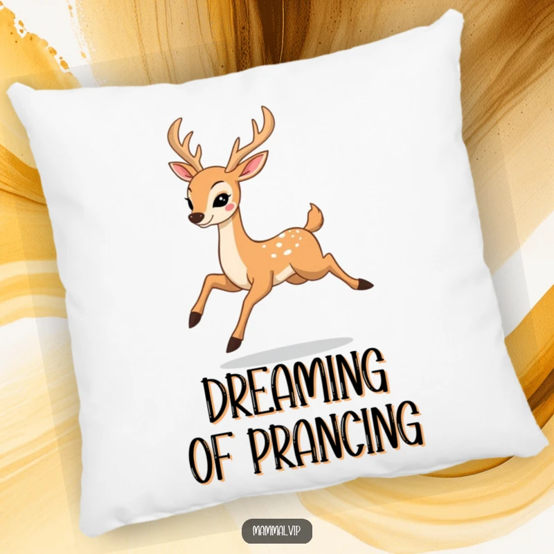 Funny pillow featuring a happy deer character prancing with elegant leaps, perfect for adding a lighthearted and graceful touch to any room.