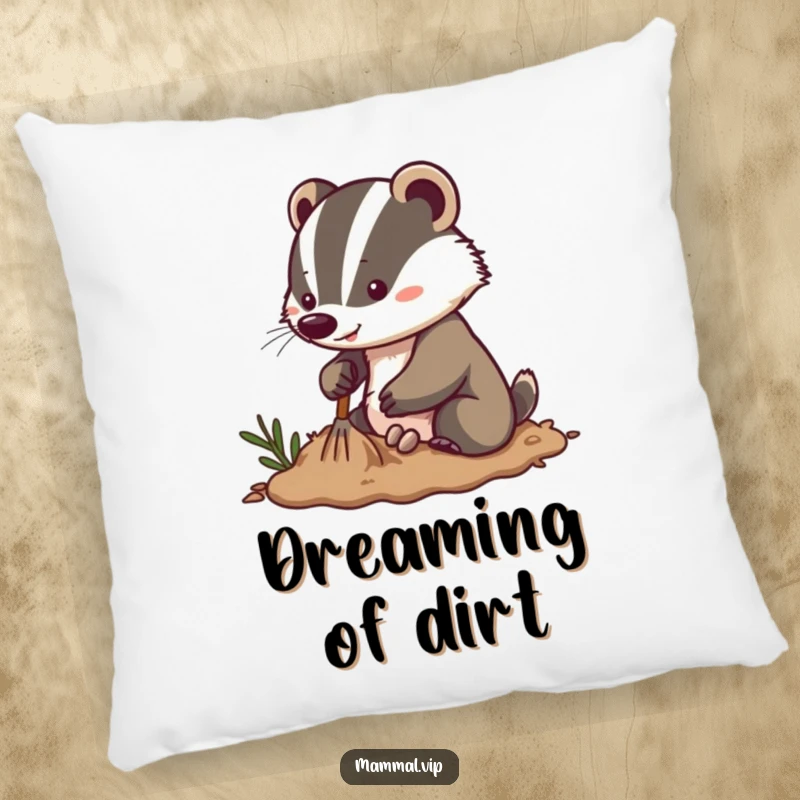 Funny energetic badger pillow with a determined character digging enthusiastically in soft soil, offering comfort and a motivating vibe.