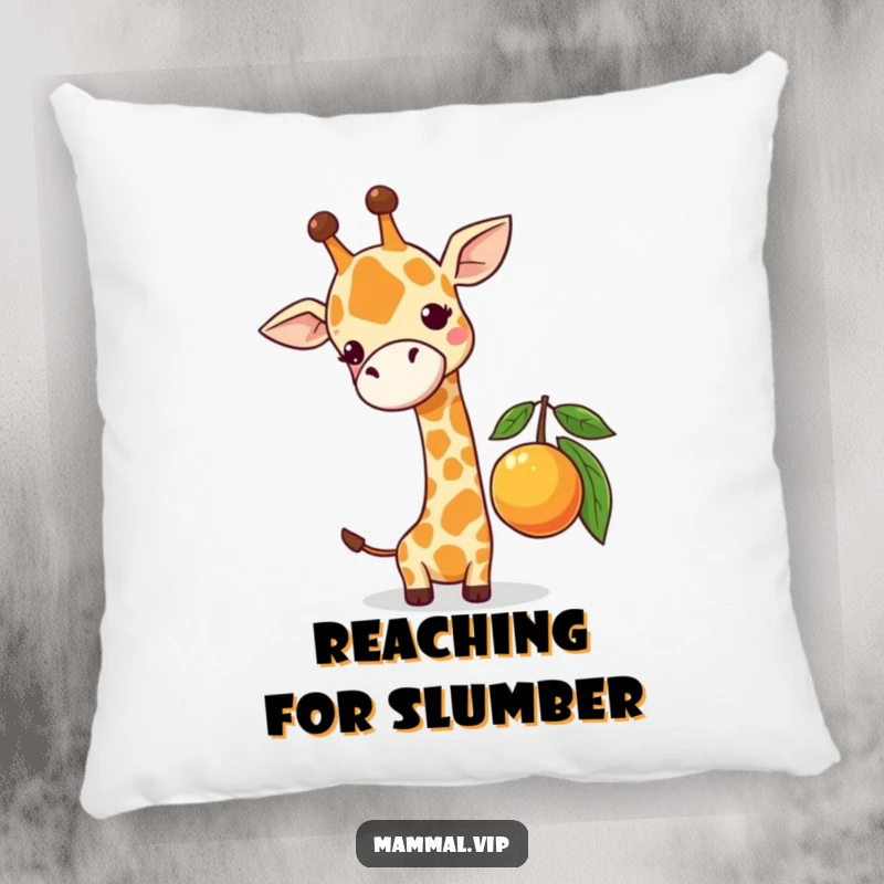 Funny pillow with a cute giraffe character comically stretching to reach a low-hanging fruit, adding humorous charm to any room.