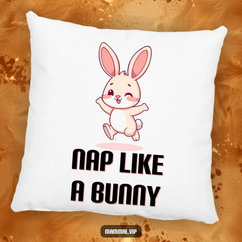 Funny bunny character playfully hopping with energy, on a soft and funny pillow.