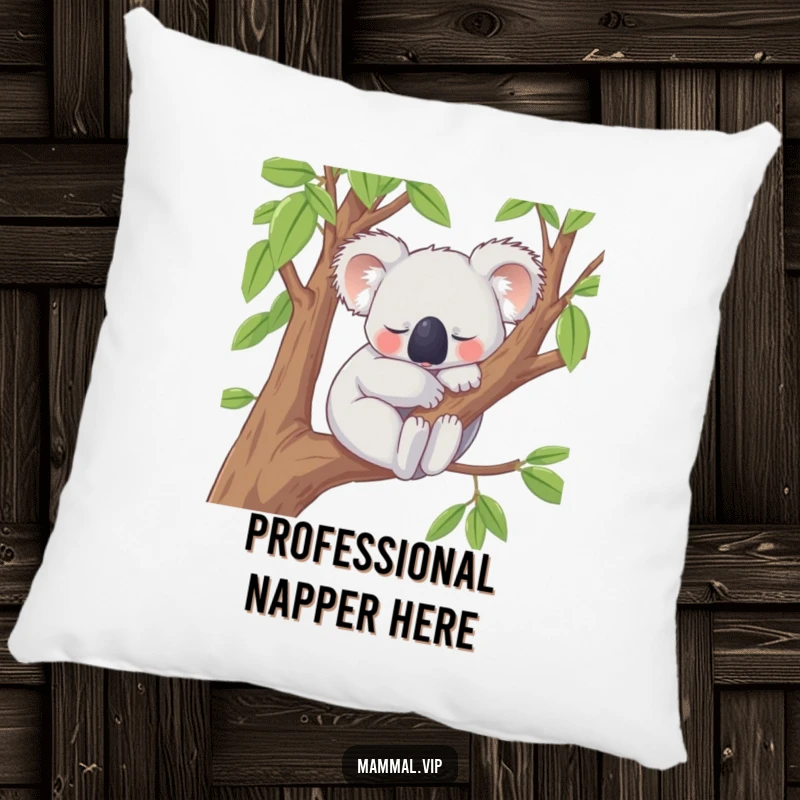 Funny Pillow with a content koala character peacefully snoozing on a tree branch, offering comfort and a humorous reminder of ultimate relaxation and calm.