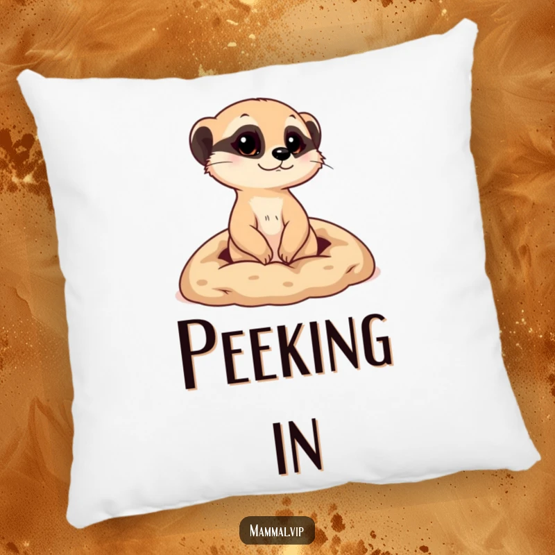 Funny pillow with a curious meerkat character popping its head out from a tiny burrow, a cute and humorous decorative item.
