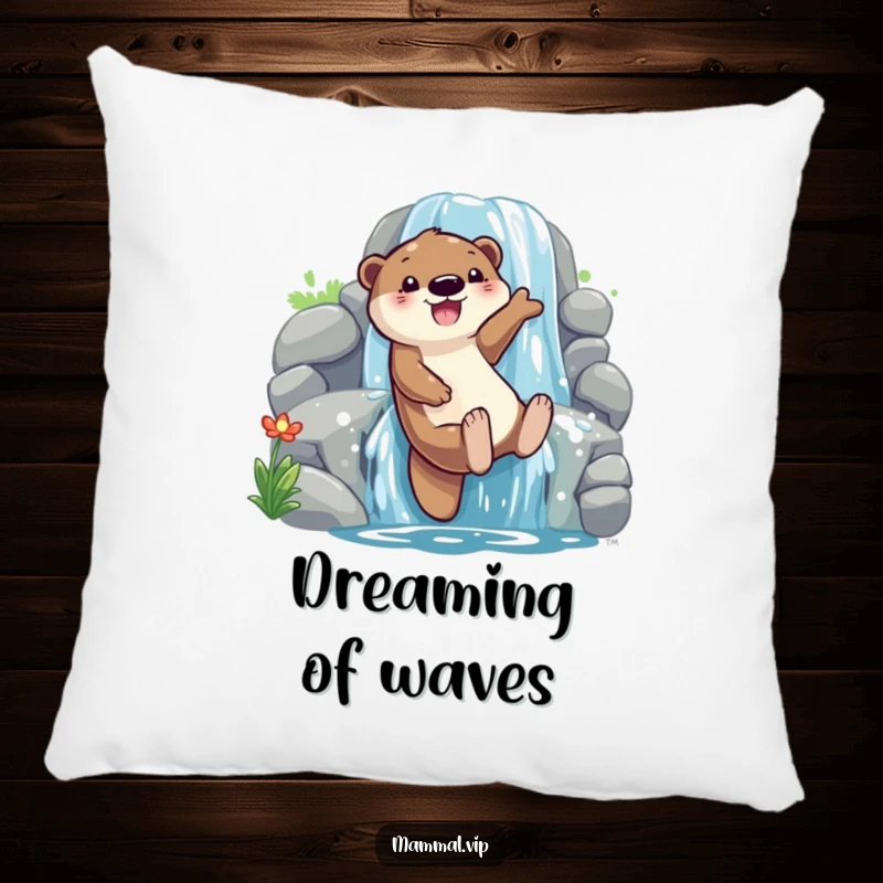 Funny otter sliding down a waterfall pillow, depicting a playful character with glee, adds cozy charm and is a funny gift.