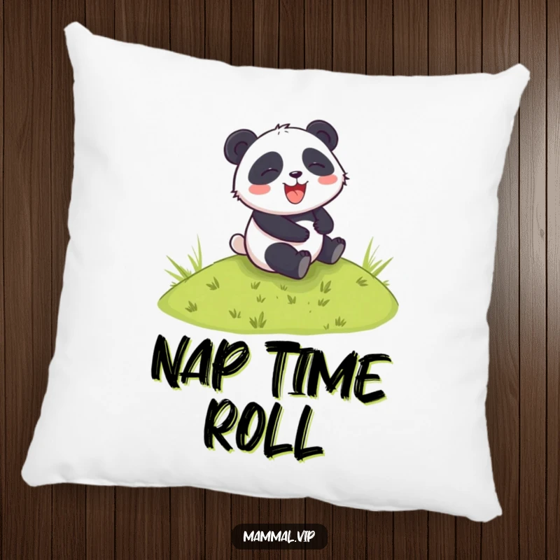 Funny pillow with a plush panda character tumbling happily down a grassy hill, offering comfort and a touch of playful humor.