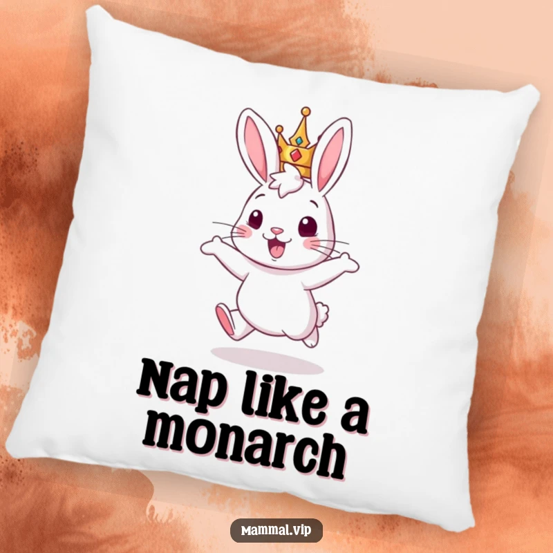 Funny pillow: a happy rabbit with a crown hopping, perfect for adding bouncy cheer to decor.