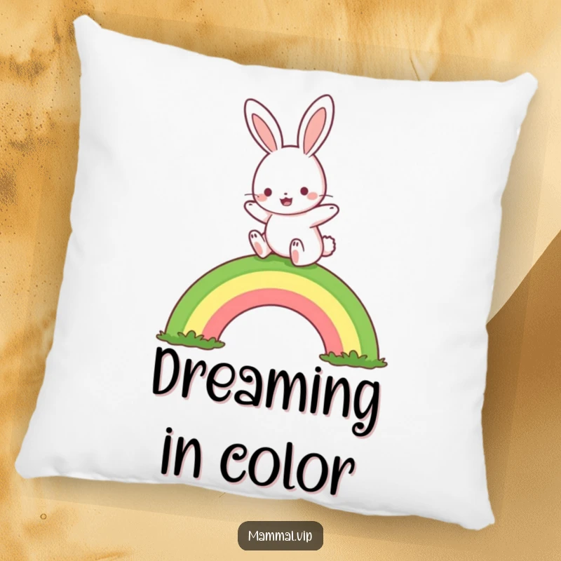 Funny rabbit rainbow hop pillow, depicting a cute character joyfully hopping over a rainbow, adds cozy charm and is a funny gift.