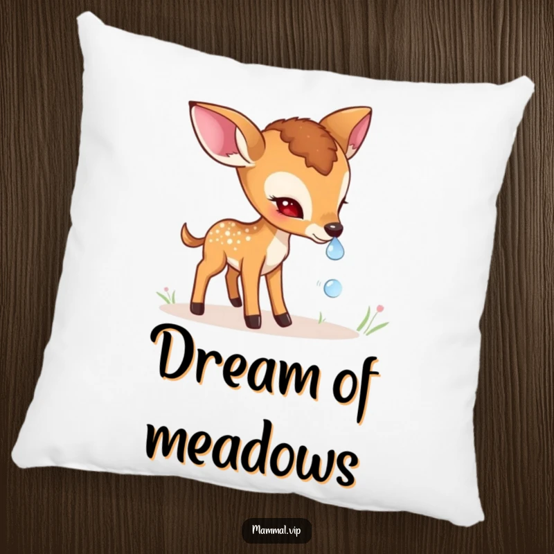 Funny shy deer fawn pillow with a gentle character cautiously sniffing a dewdrop, offering comfort and a peaceful, natural vibe.