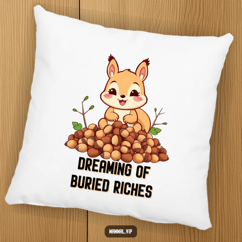 Funny squirrel pillow with a smiling squirrel and a huge mountain of acorns, a humorous and soft accent piece for any couch.