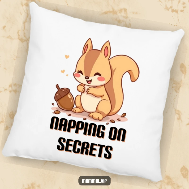 Funny pillow featuring a playful squirrel character chattering while burying an acorn, perfect for cozying up.
