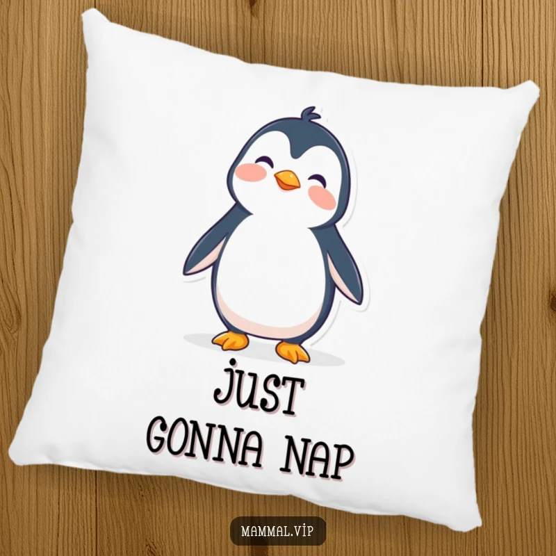 Funny pillow with a wobbly penguin character trying to stand, offering comfort and a dose of cute, relatable humor.