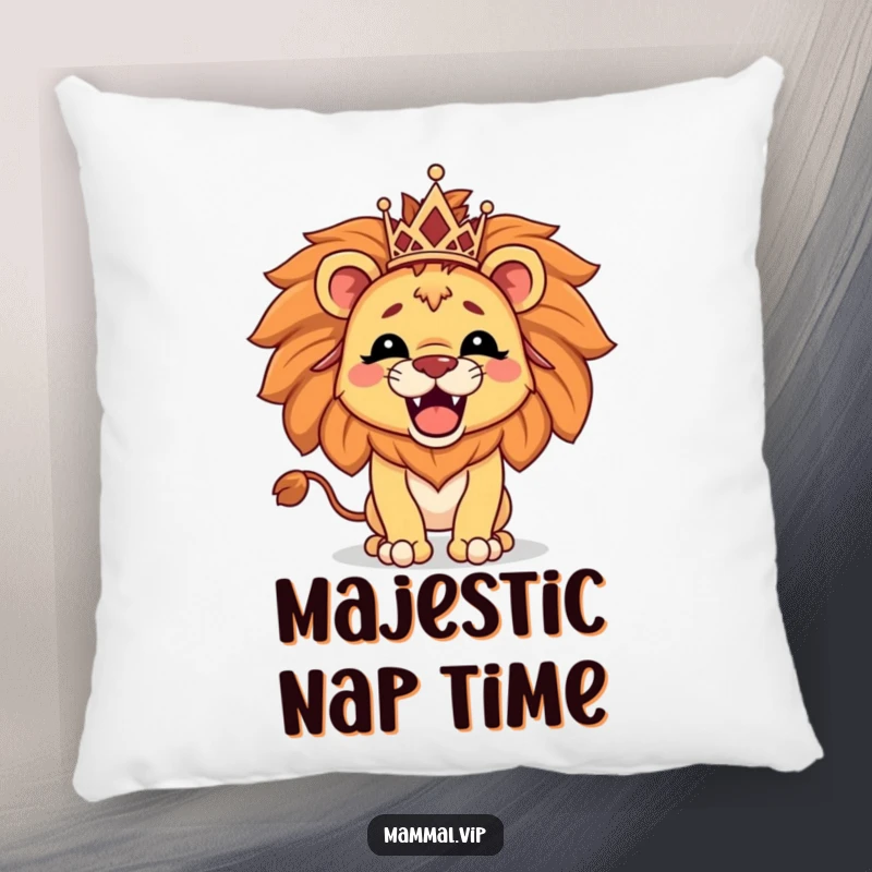 Funny pillow with a proud lion character wearing a tiny tiara and roaring, offering comfort and regal humor.