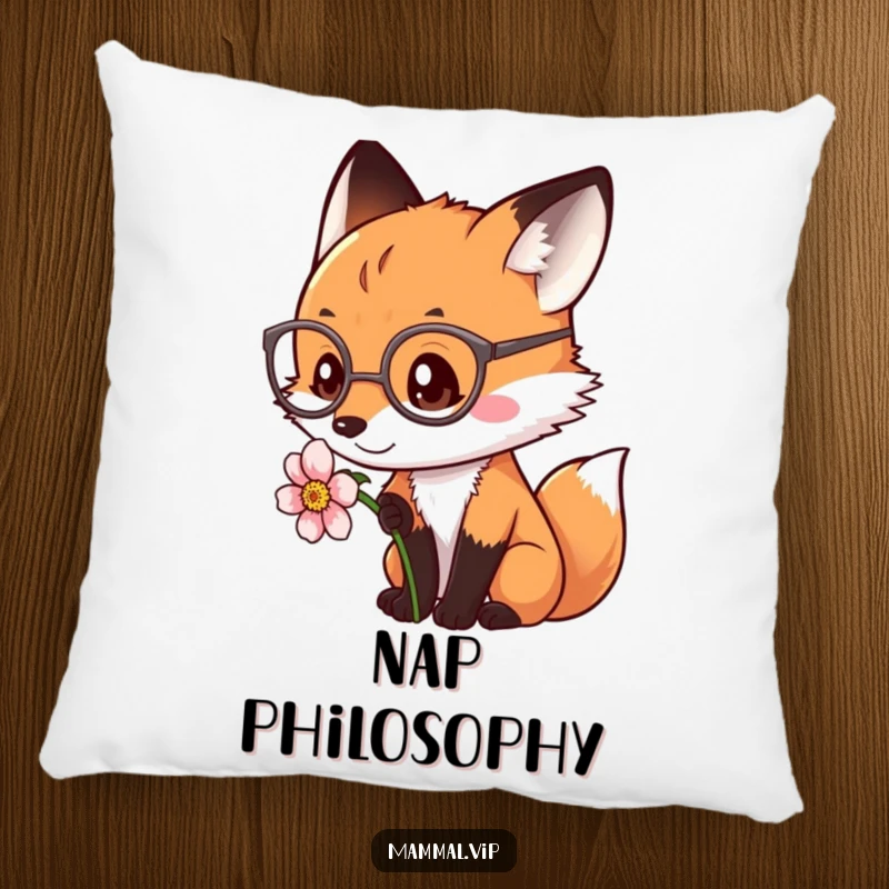 Funny fox with spectacles, observing a flower, on a decorative pillow. A comfy and funny gift.