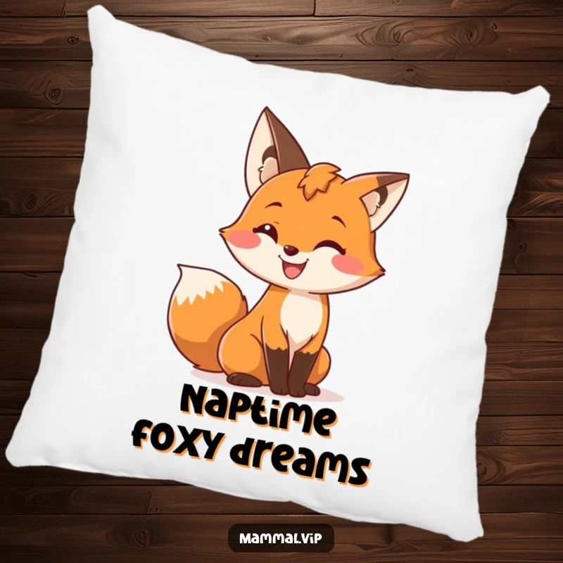 Funny pillow with a cute fox character with a wide grin, wiggling its bushy tail, providing soft comfort and playful decor.