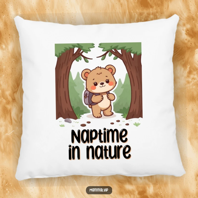 Funny bear cub with a backpack in a forest setting, printed on a soft pillow. A cute and funny gift.