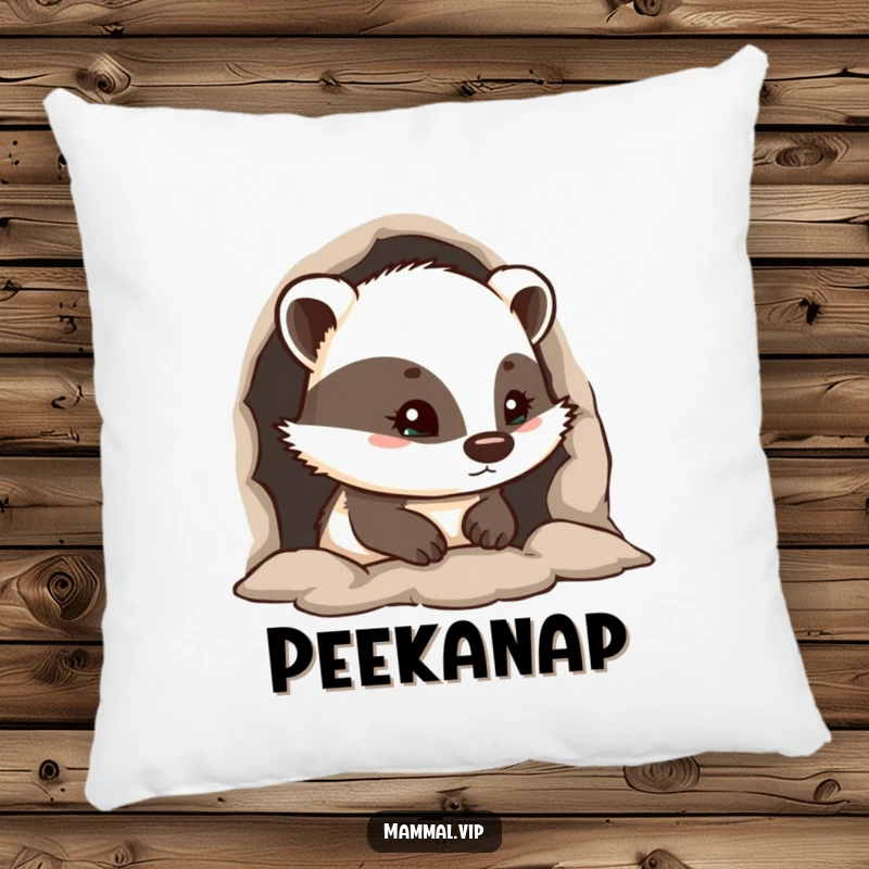 Funny pillow with a curious badger character peeking from its burrow, offering comfort and a touch of gentle inquisitiveness.