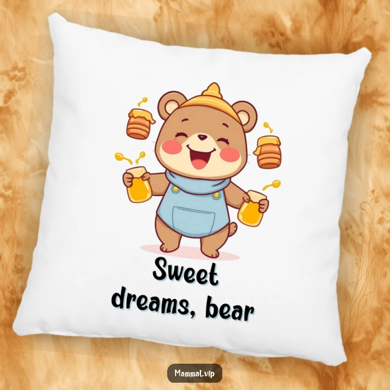 Funny joyful bear character juggling honey pots, depicted on a pillow, a humorous animal and nature-themed decor gift.
