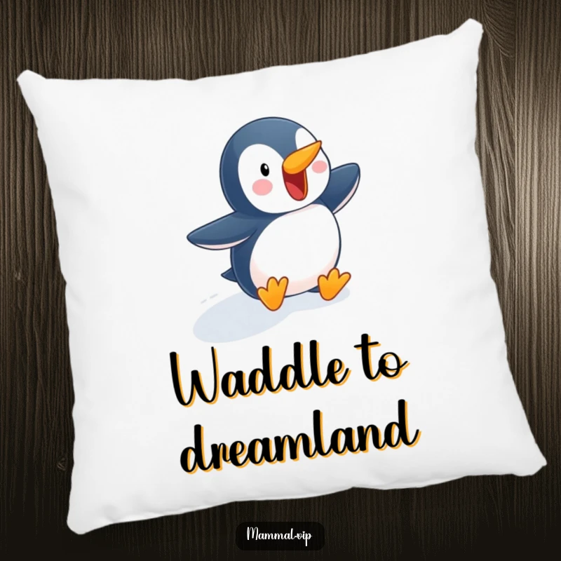 Funny penguin pillow with a happy character waddling down a snowy slope, offering cozy comfort and a humorous accent for relaxation spaces.
