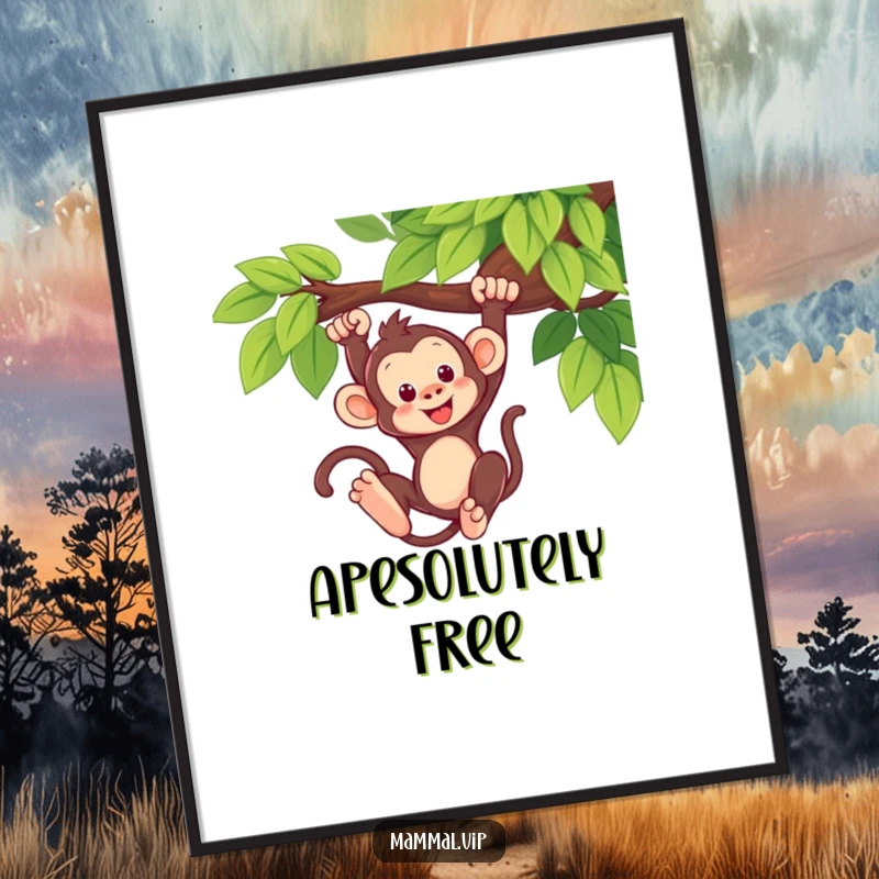 Funny Monkey Swing Digital Art Print: A cute monkey swinging from a tree branch, ideal for adding vibrant, playful wall decor. Instant art.