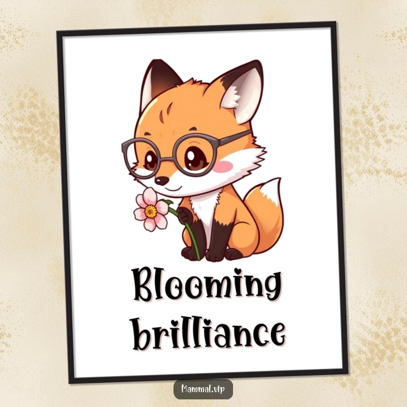 Funny fox wearing spectacles examining a flower as digital art. Instant download for smart decor.