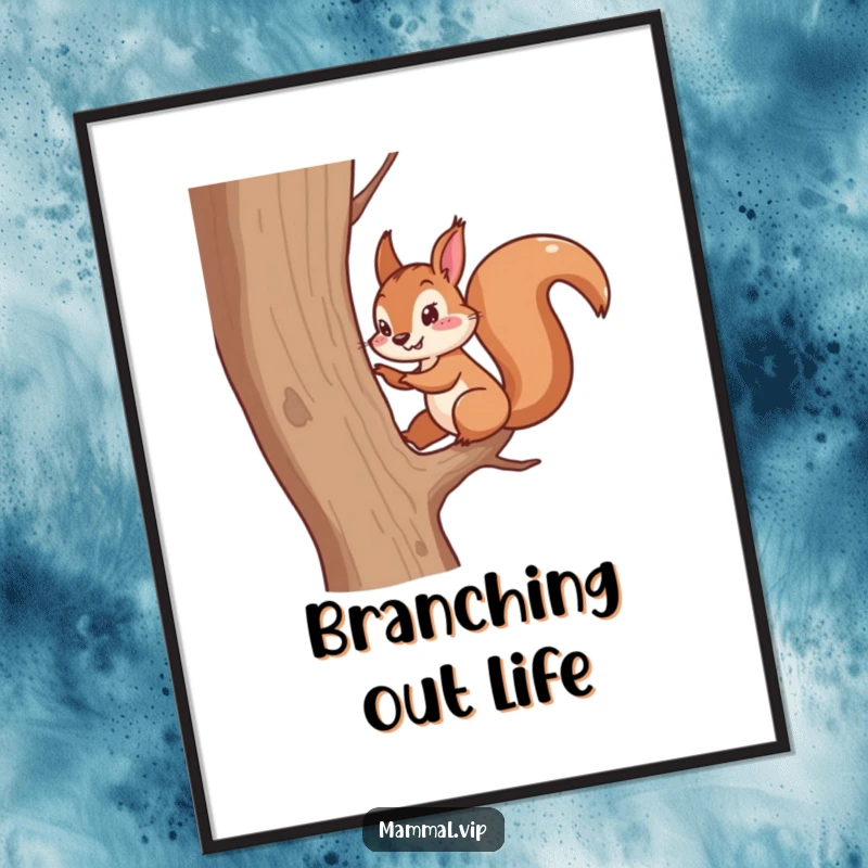 Funny digital art print of an energetic squirrel character scampering up a tree. Humorous animal wall art.