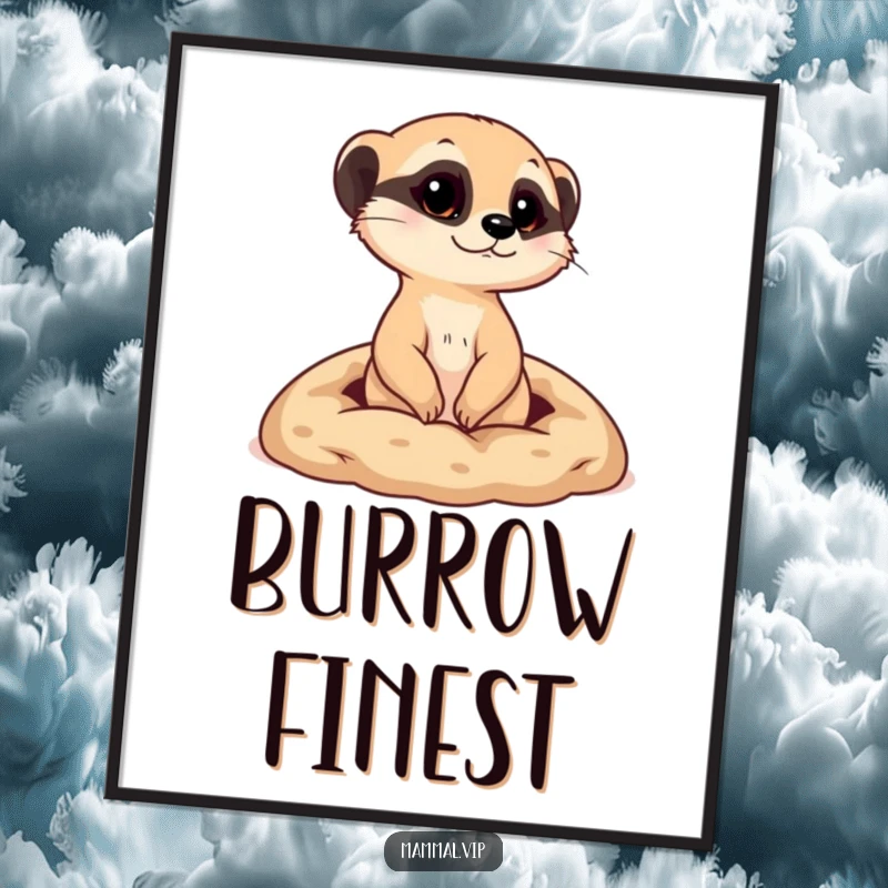 Funny digital art print of a curious meerkat popping its head out from a tiny burrow, a humorous illustration for instant decor.