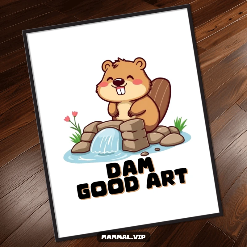 Funny beaver digital art print of a happy character building a small dam, ideal for instant download and adding humorous wall decor to any setting.