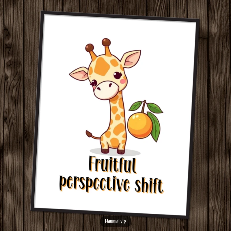 Funny digital artwork of a cute giraffe character comically attempting to reach a low-hanging piece of fruit, conveying humorous effort.