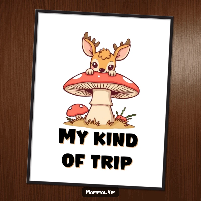 Funny deer digital art print of a curious deer peering over a large, stylized mushroom, evoking a magical and funny atmosphere.