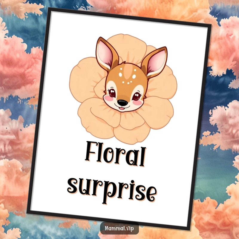 Funny deer peeking from behind a flower digital art print, depicting a curious character among blooms, instant decor and funny gift.