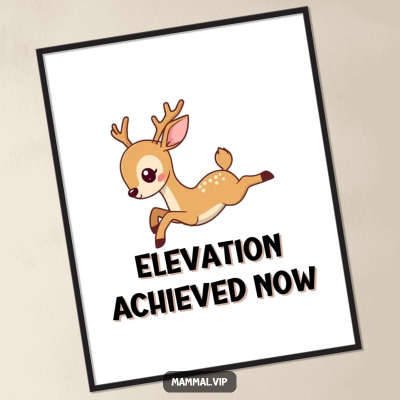 Funny deer digital art print featuring a charming illustration of a deer character in a graceful leap, ready to bring elegant humor and personality to your space.