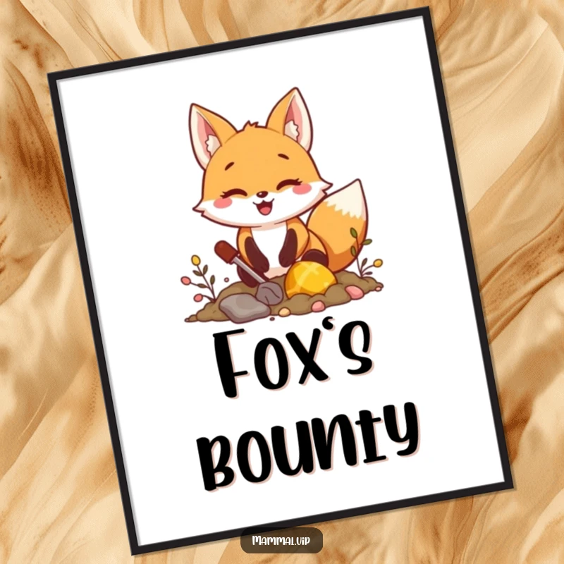 Funny fox digging for treasure digital art print, depicting an excited character seeking hidden riches, instant decor and funny gift.