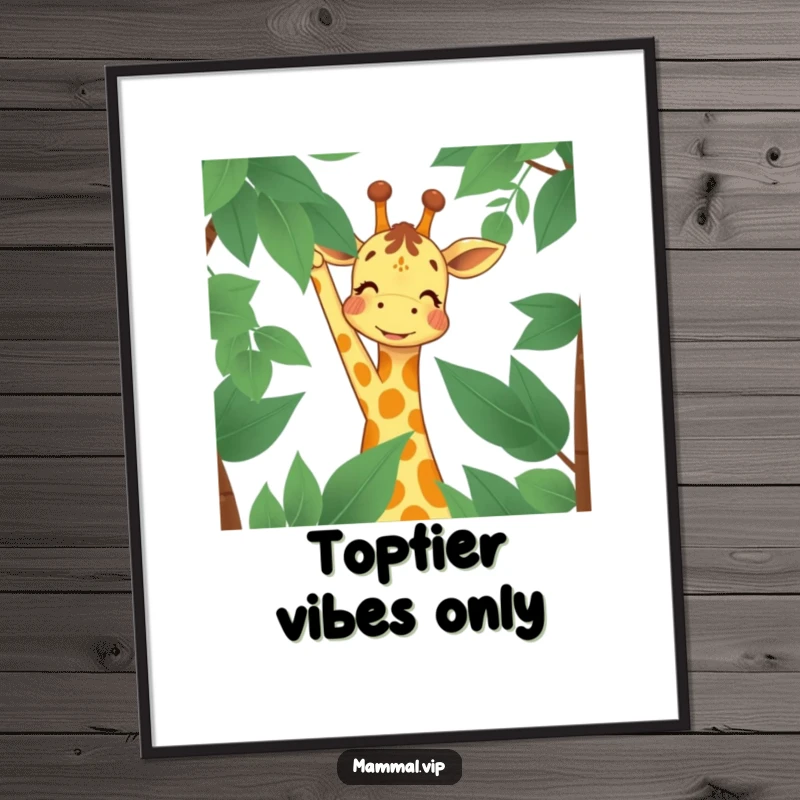 Funny Digital Art Print of a joyful giraffe character reaching for high leaves, conveying ambitious drive and cheerful determination for instant home decor.
