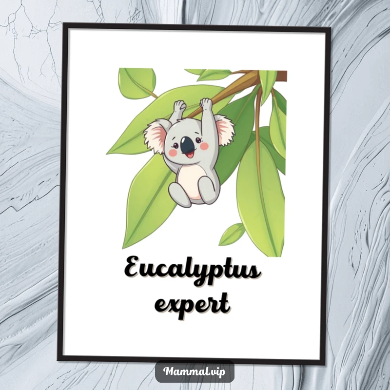 Funny digital art print of a cheerful koala hanging upside down from a giant eucalyptus leaf, a humorous and adorable illustration.